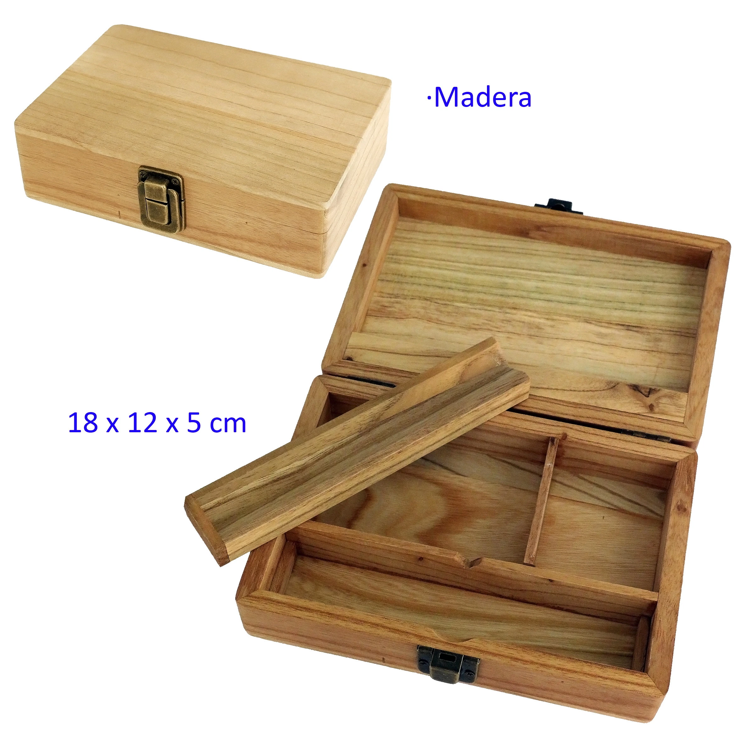 Estuche de madera para liar mostrado cerrado y abierto, con cierre metálico, compartimentos interiores y una pieza alargada extraíble.