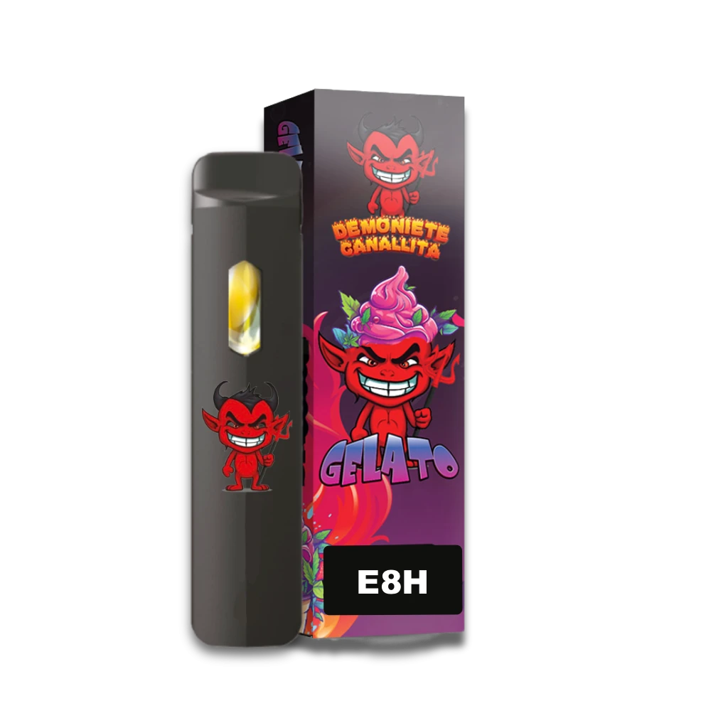 Pod negro Demoniete Canallita junto a su caja morada, con diablos rojos ilustrados y las inscripciones Gelato y E8H.