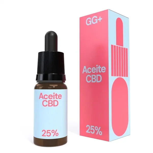Frasco ámbar de aceite CBD GG+ al 25 % con cuentagotas negro, junto a su caja rosa y azul claro sobre fondo blanco.