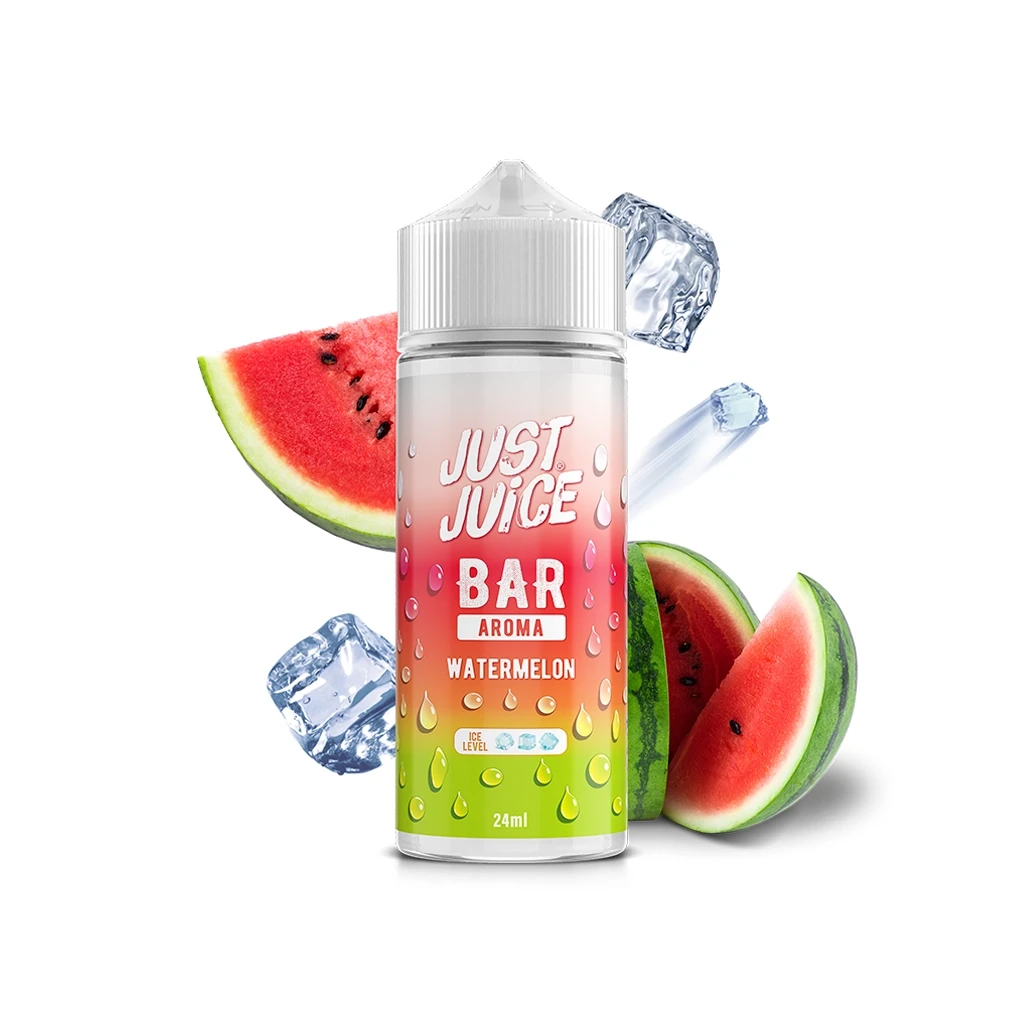 Botella Just Juice Bar Watermelon de 24 ml con tapón blanco y etiqueta degradada, rodeada de trozos de sandía y cubitos de hielo.