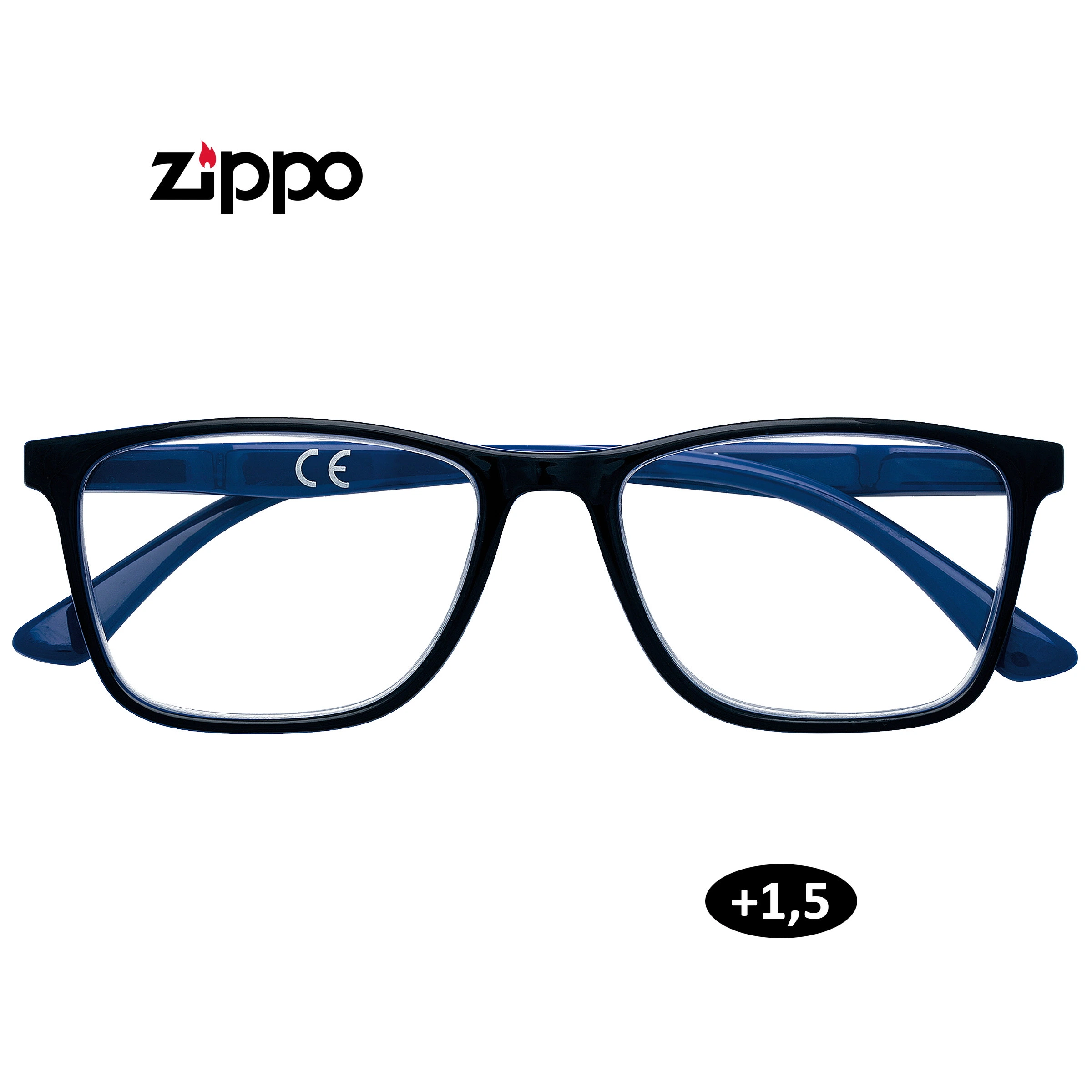 Gafas de lectura Zippo de frente, con montura negra rectangular y patillas azules; el gráfico indica una graduación de +1,5.
