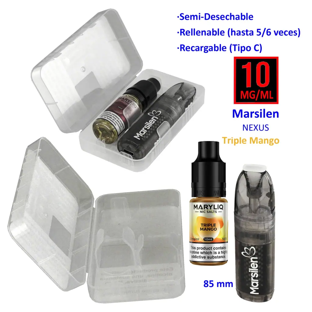 Vaper Marsilen NEXUS y líquido MARYLIQ Triple Mango de 10 mg/ml, mostrados en un estuche abierto y por separado sobre fondo blanco.