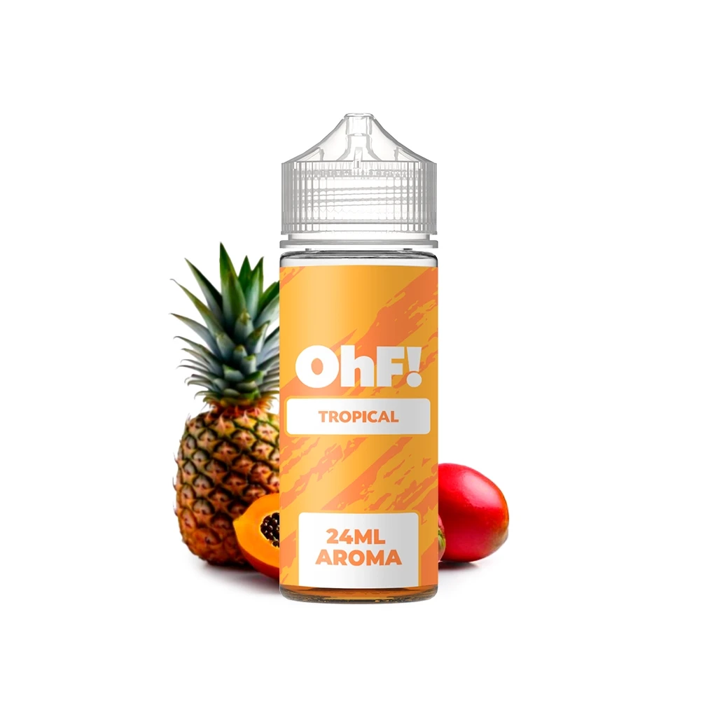 Frasco OhF Tropical con etiqueta naranja y texto «24 ml aroma», delante de una piña y otras frutas sobre fondo blanco.