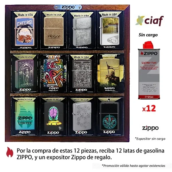 Expositor de madera Zippo con encendedores de distintos diseños, junto a una lata de combustible y texto de una promoción.
