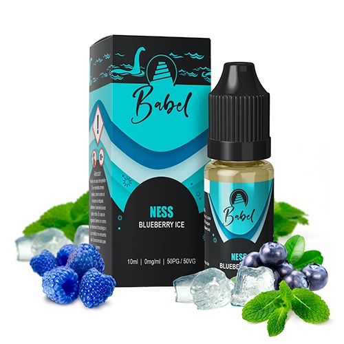 Caja y frasco Ness de Babel con texto «Blueberry Ice» y diseño turquesa y negro, acompañados de bayas azules, hielo y hojas verdes.