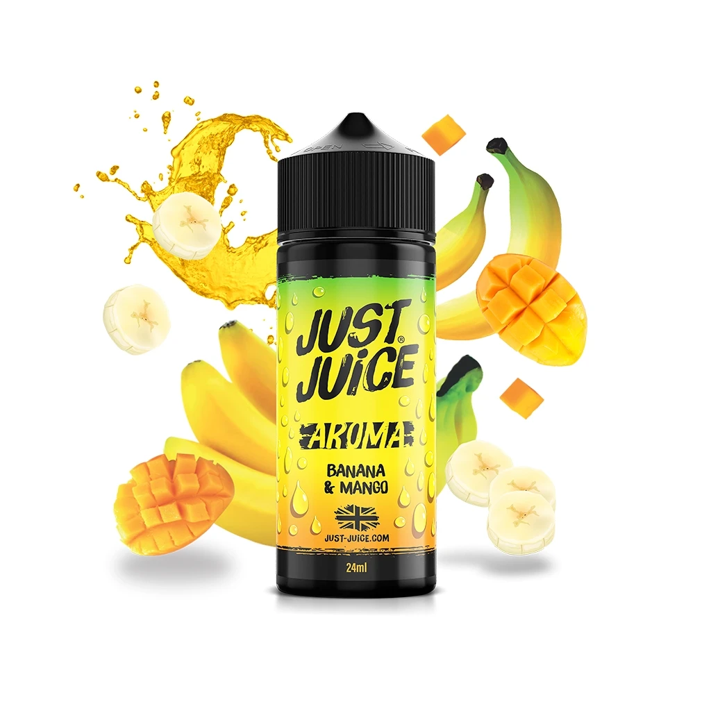 Botella Just Juice Banana Mango de 24 ml con tapón negro y etiqueta amarilla, rodeada de plátanos, mangos y una salpicadura amarilla.