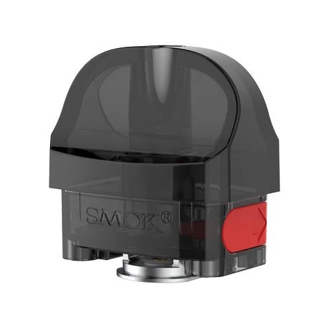 Pod de repuesto Smok Nord 4 con cuerpo translúcido oscuro, boquilla redondeada y tapón lateral rojo sobre fondo blanco.