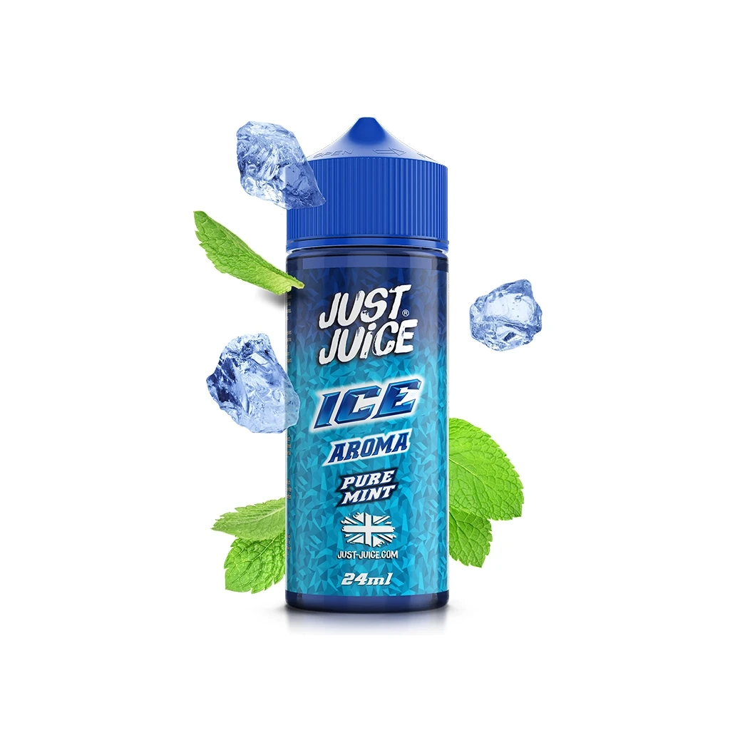 Bote azul de Just Juice Ice Pure Mint de 24 ml, con tapón estriado, rodeado de hojas de menta y cubitos de hielo.