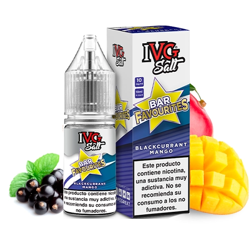 Frasco y caja de IVG Bar Favourites Blackcurrant Mango, con advertencia de nicotina, junto a grosellas negras y mango cortado.