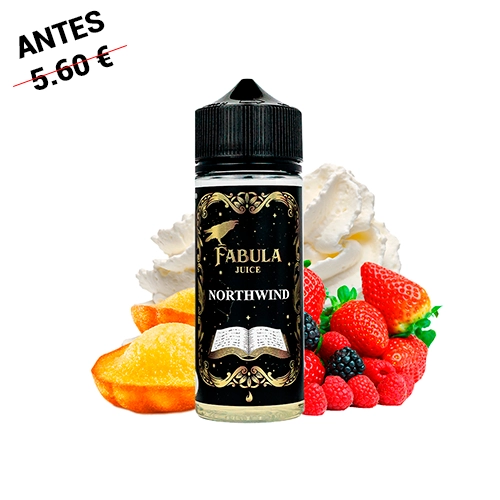 Frasco de Fabula Juice Northwind con tapón negro y etiqueta ornamental, rodeado de frutos rojos, nata y piezas de repostería.