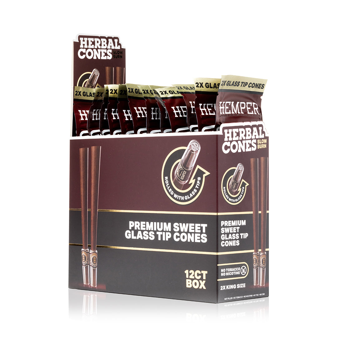 Expositor HEMPER Herbal Cones Sweet con sobres marrones y dibujos de conos con boquilla de vidrio en el frontal.