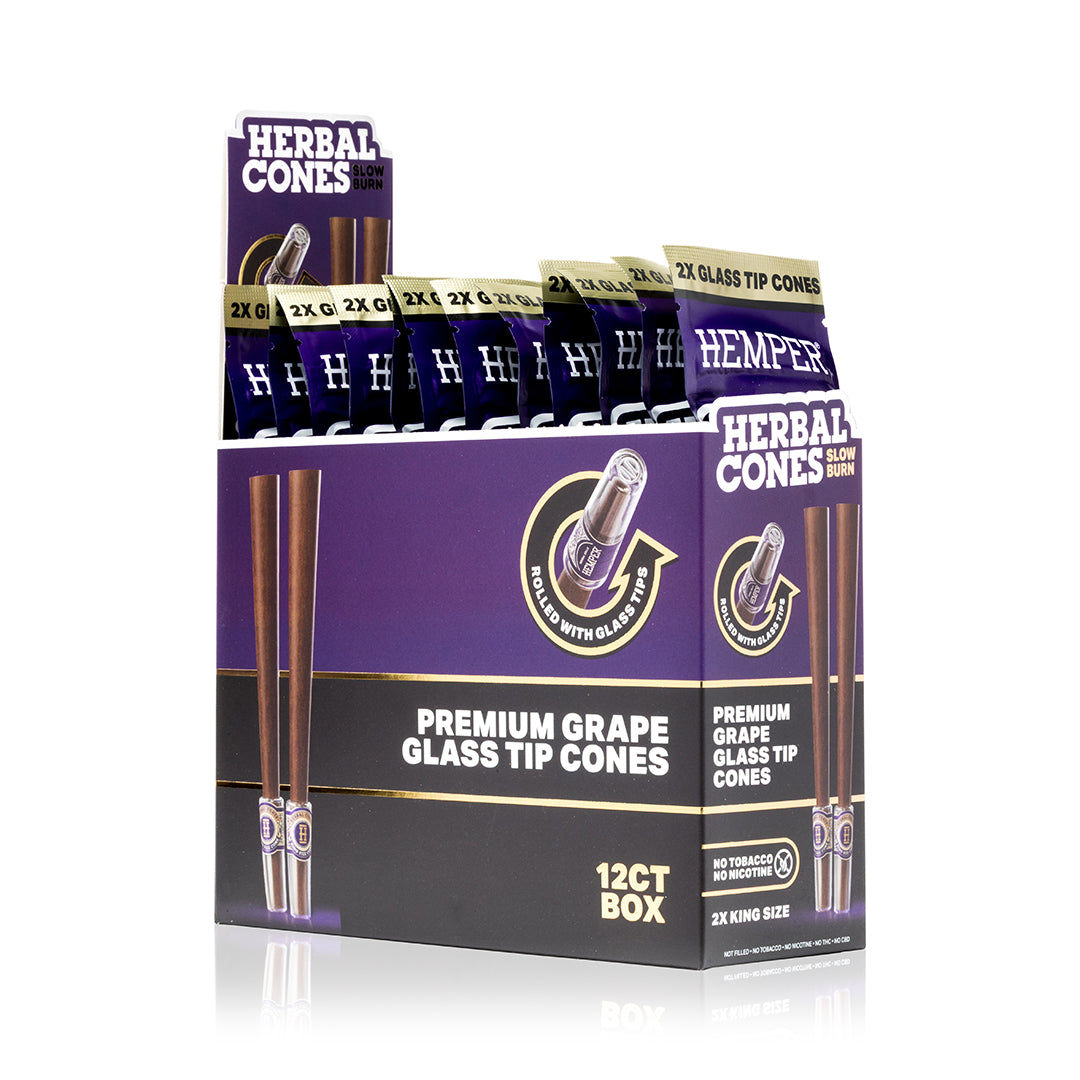 Expositor morado y negro de HEMPER Herbal Cones Grape King Size, con sobres individuales y dibujos de conos con boquilla de vidrio.