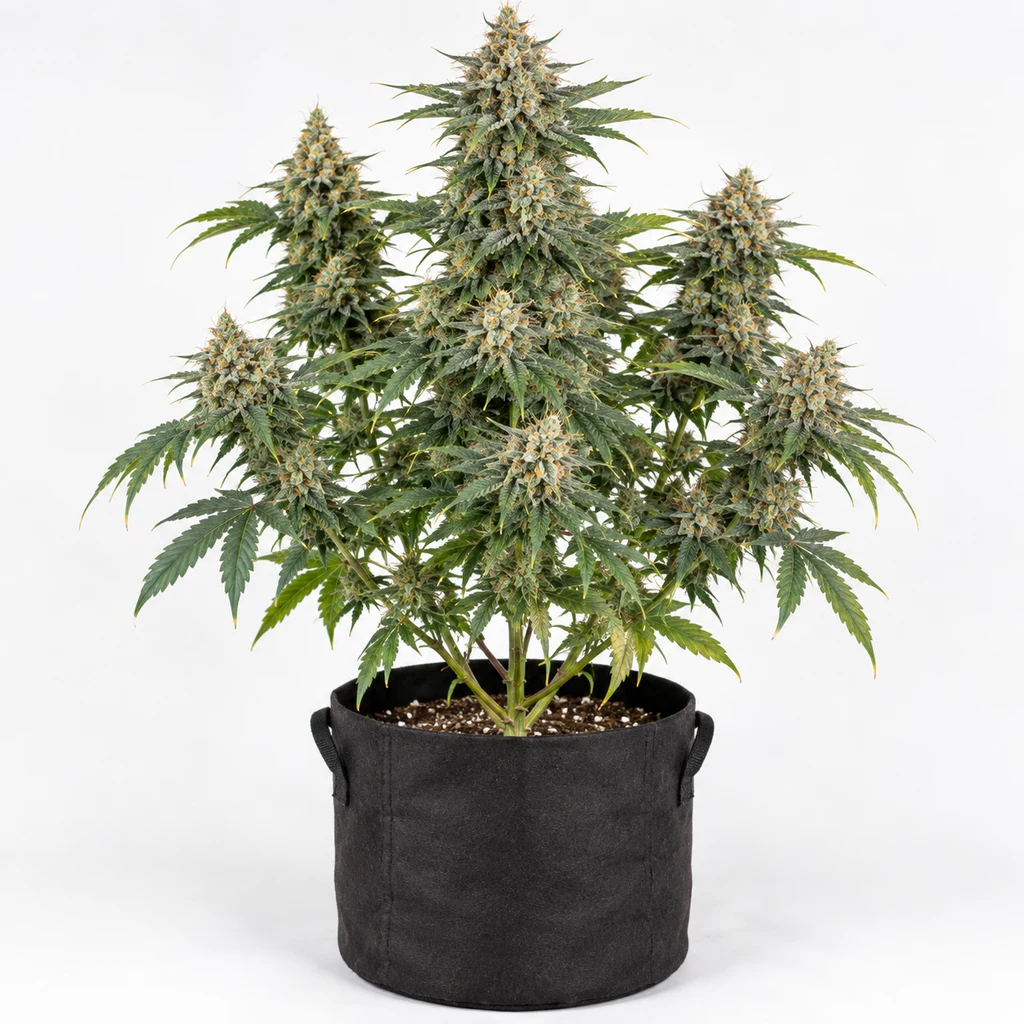 Ilustración de una planta de cannabis con abundantes flores en maceta negra con asas, para la ficha de Vision Gorilla Auto.