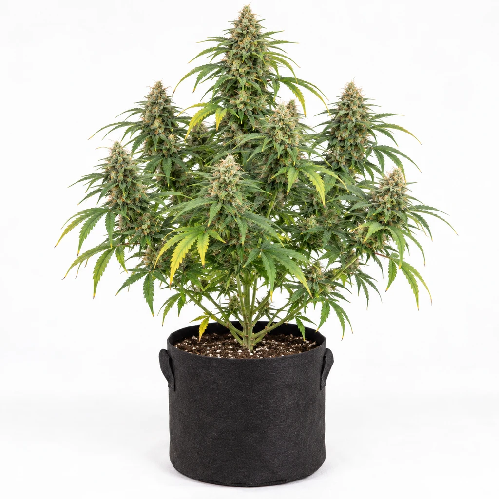 Ilustración de una planta en floración para la ficha de Auto Lemon OG Candy, con varias colas y hojas amarillentas en maceta negra.