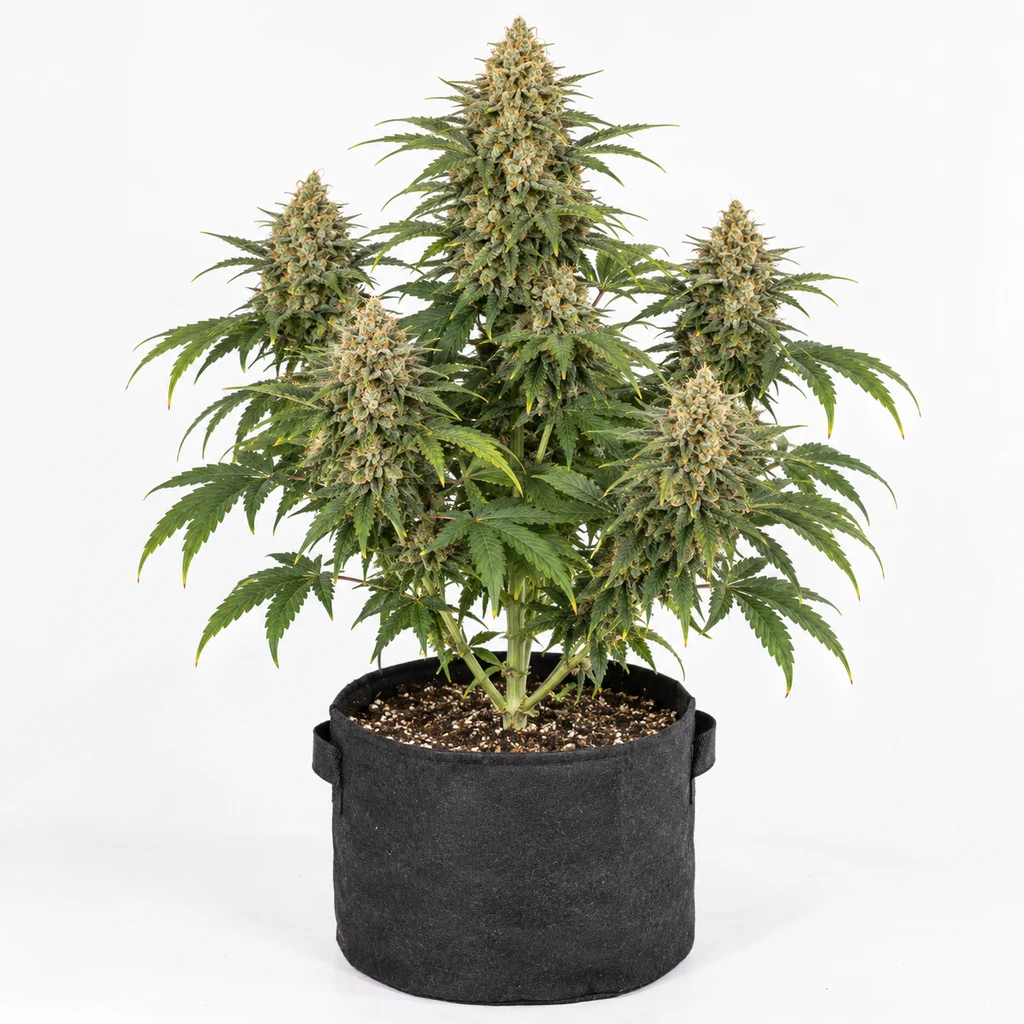 Ilustración de una planta de cannabis para la ficha de Golden Truffle Feminizada, con flores voluminosas y maceta negra sobre fondo blanco.