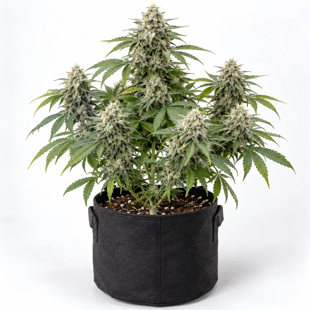 Ilustración de una planta de cannabis con cogollos densos y hojas verdes en maceta negra para la ficha de White Widow Auto de Vision Seeds.