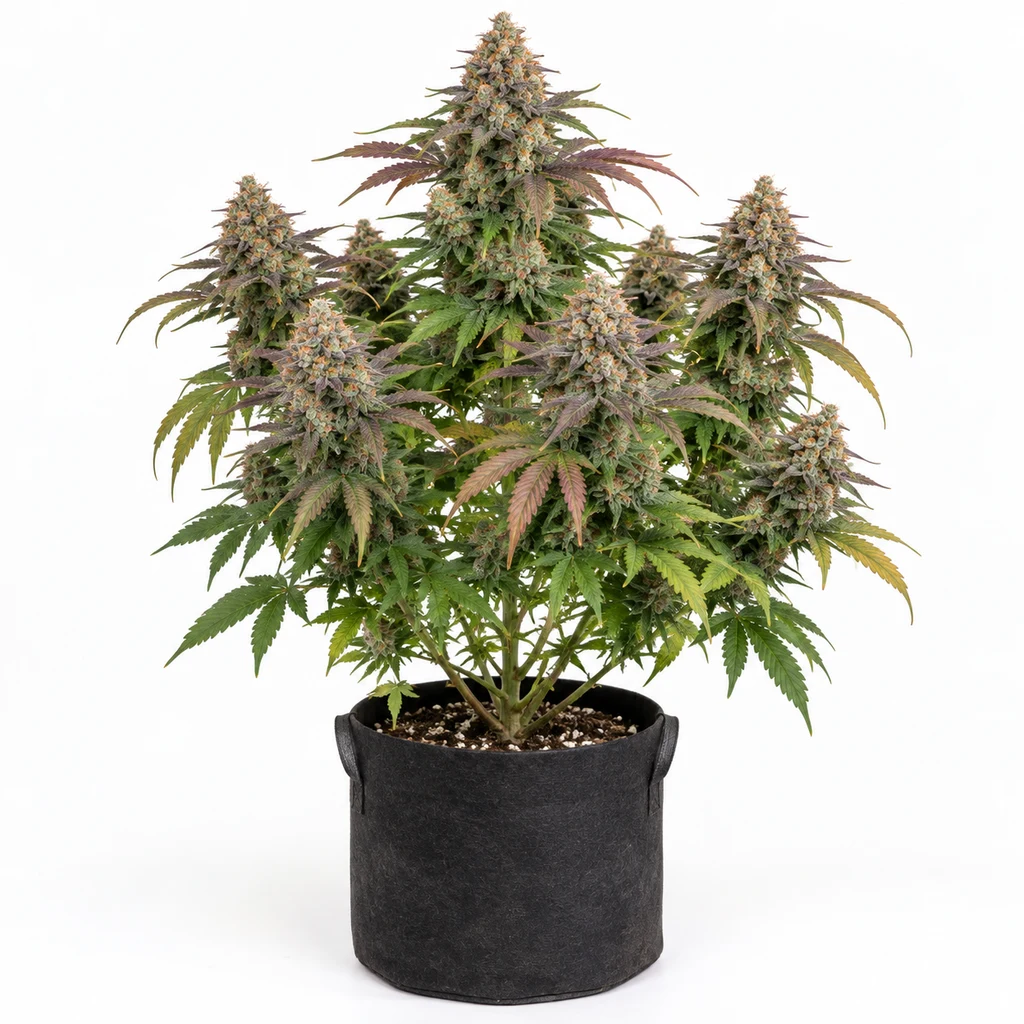 Ilustración de una planta en floración para la ficha de Tropicana Cherry Feminizada, en maceta negra y con hojas verdes y moradas.