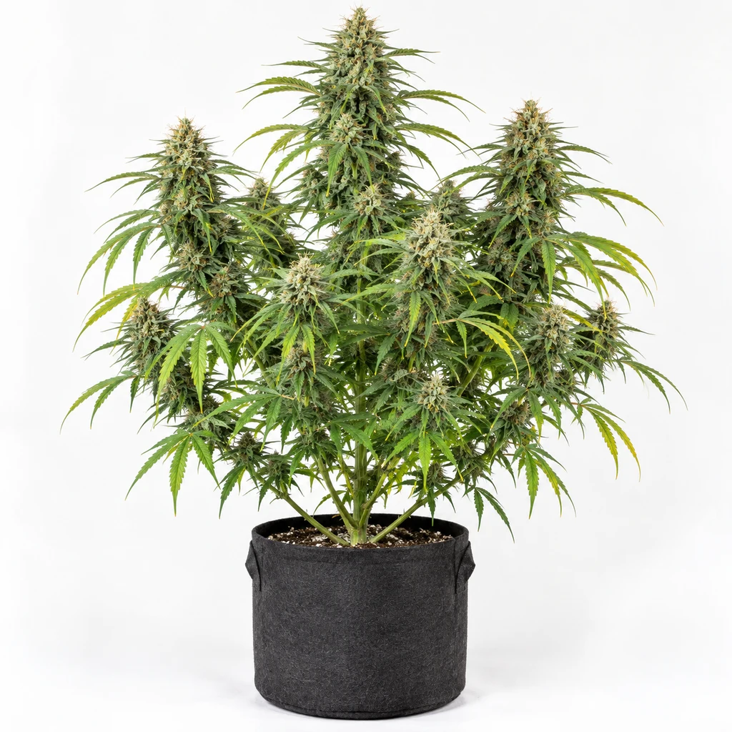 Ilustración de una planta de cannabis en floración, en maceta textil negra, para la ficha de Lambs Breath x AK-49 Feminizada.