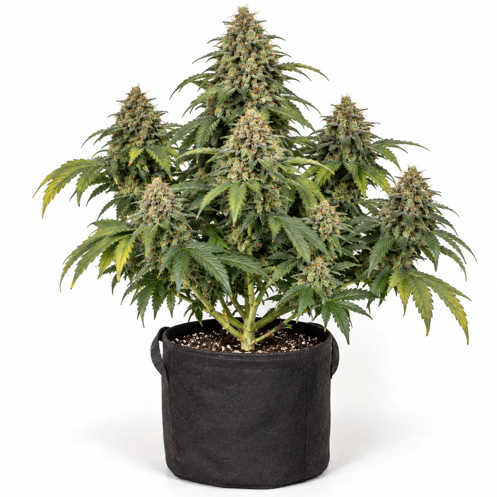 Ilustración de una planta en floración para la ficha de Afghan Hash Plant Regular, con varias colas florales y maceta negra sobre fondo blanco.