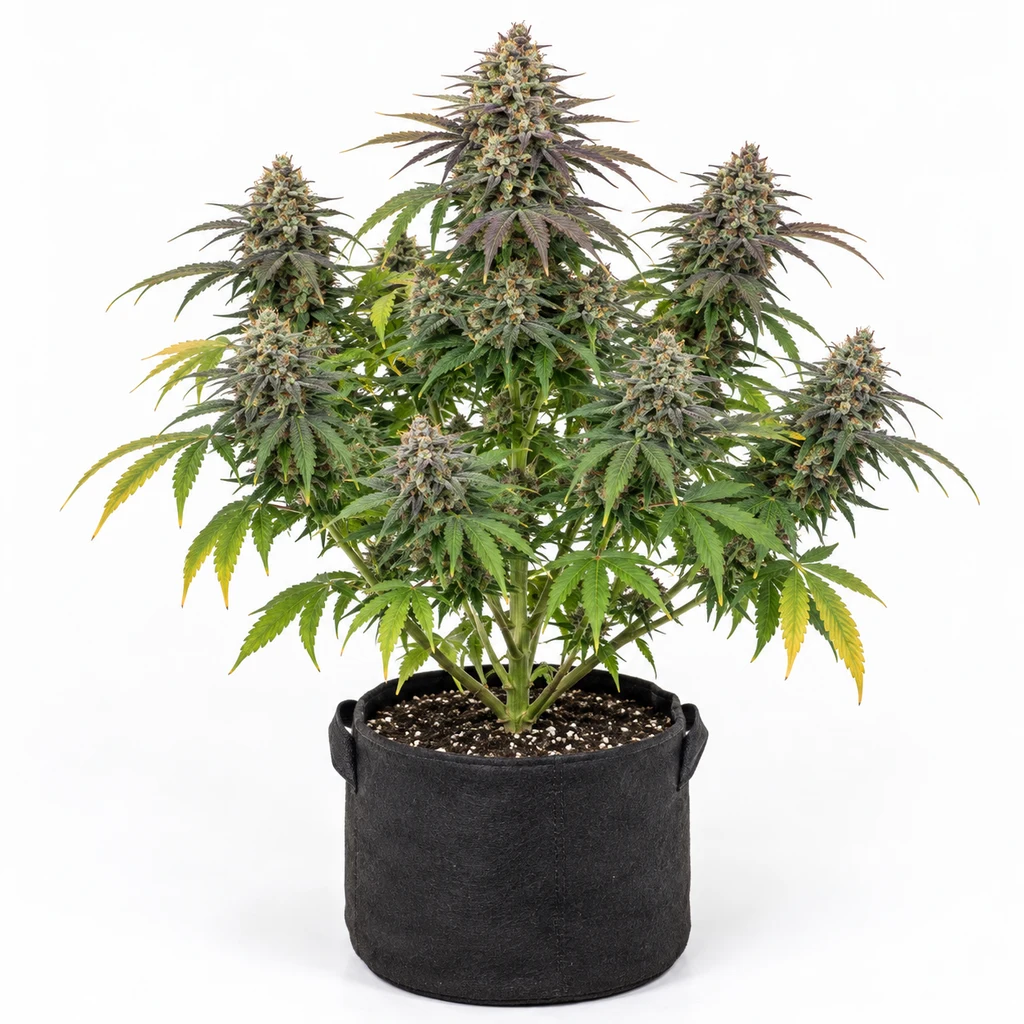 Ilustración de cannabis en maceta negra, con cogollos y hojas verdes, moradas y amarillas, para la ficha de Creepy Z Regular de Bask Triangle Farms.