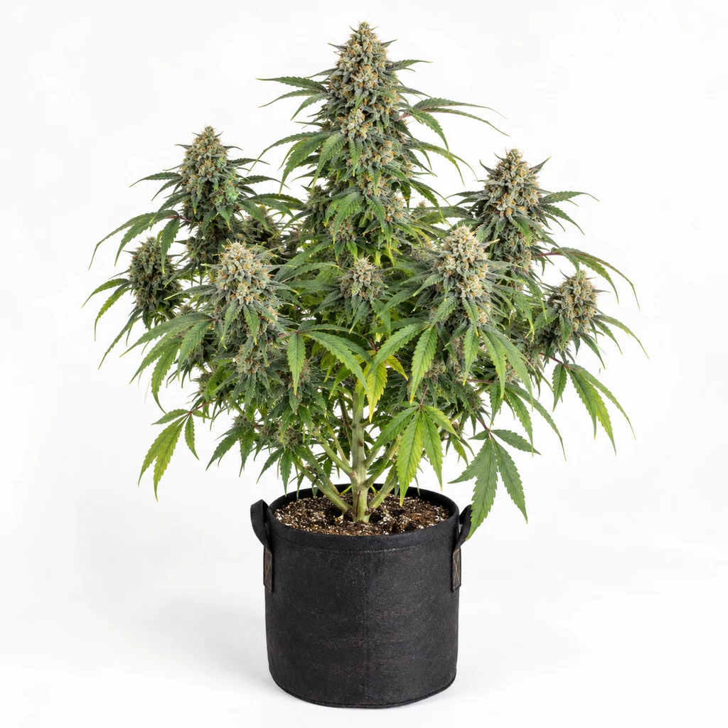 Ilustración de una planta de cannabis con flores alargadas y hojas verdes en maceta negra, para la ficha de Candyn Cream Feminizada.