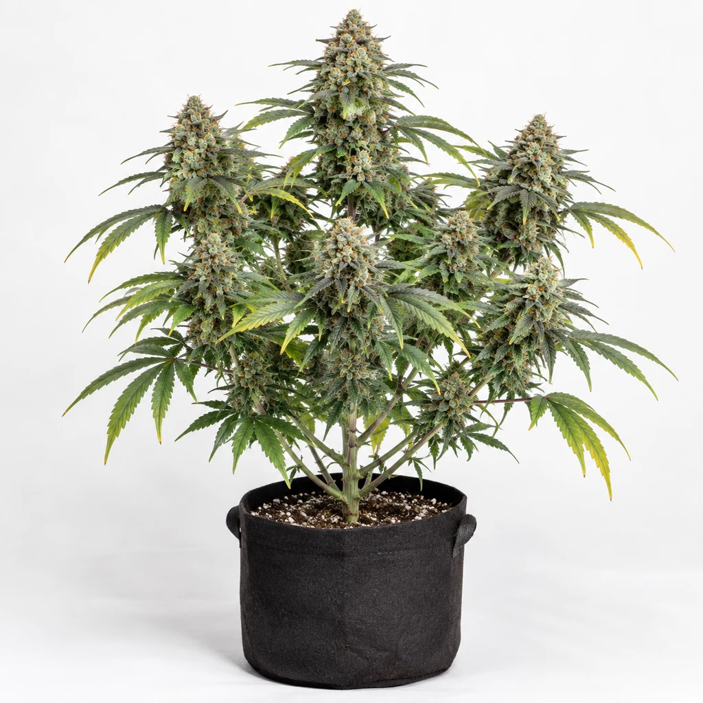 Ilustración de una planta en floración en maceta negra, con varias ramas y cogollos, para la ficha de Ghost Train OG Fast Feminizada.