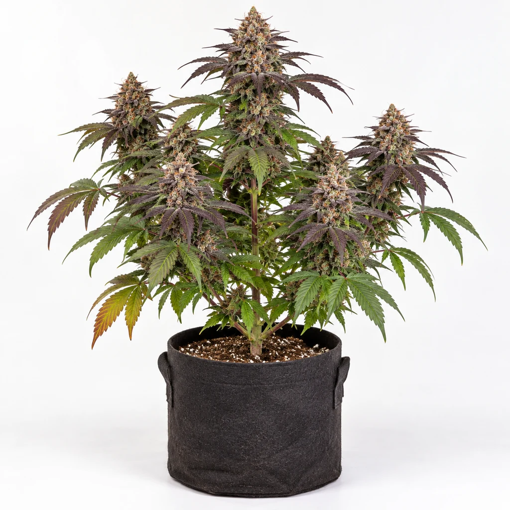 Ilustración de una planta en floración para la ficha de Red Opal Feminizada, con hojas verdes y moradas y cogollos voluminosos en maceta negra.