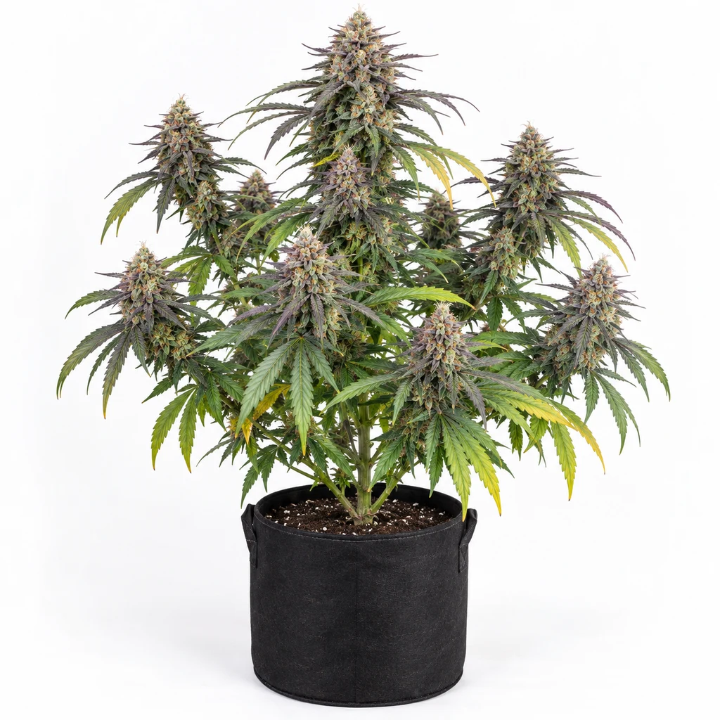 Ilustración de una planta en floración con cogollos voluminosos y maceta negra para la ficha de Mental Rainbow F1 Fast Version®.