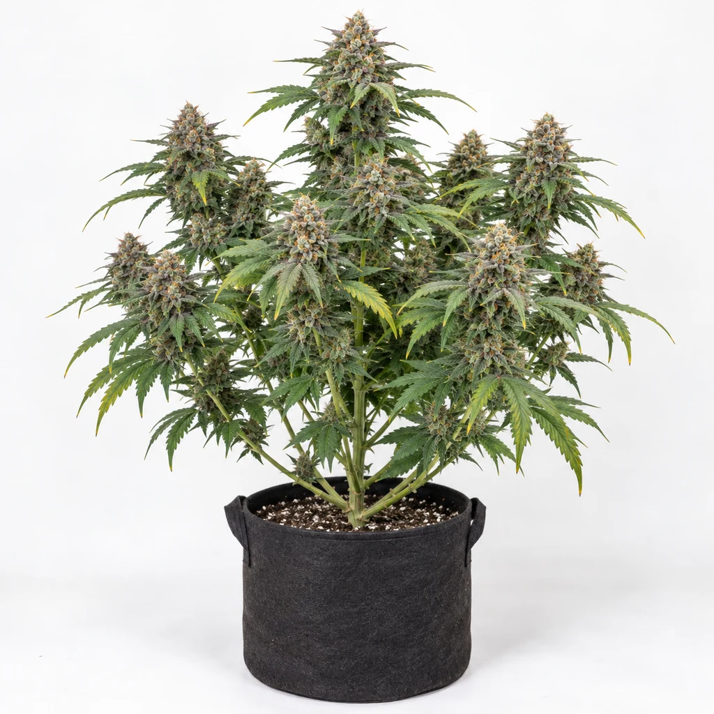 Ilustración de una planta de cannabis en floración para la ficha de Space Cookies Feminizada, con cogollos y maceta negra.