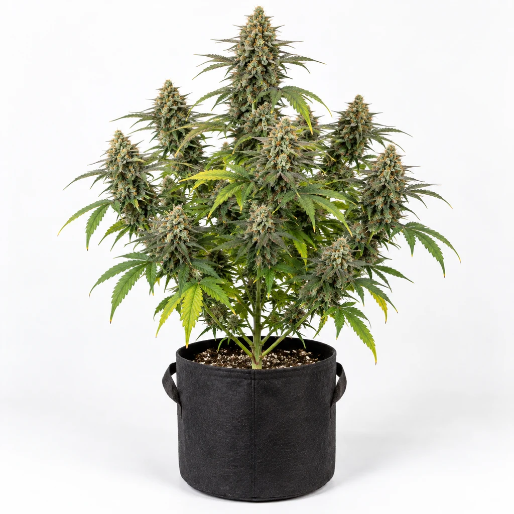 Ilustración de una planta de cannabis con varios cogollos y hojas verdes y amarillas en maceta negra para la ficha de Auto Do Si Dos.