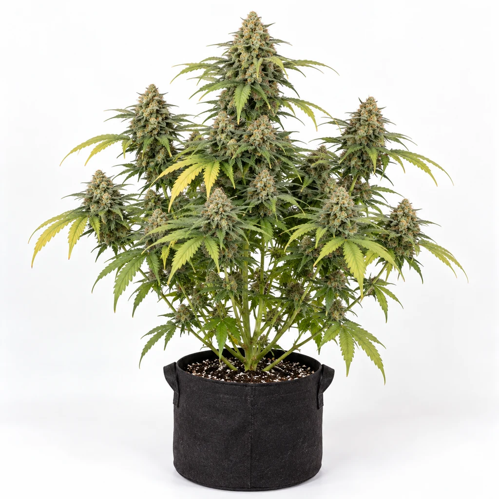 Ilustración de una planta en floración en maceta negra, con cogollos y hojas verdes y amarillas, para la ficha de Larry's Lemon OG. Ilustración de una planta en floración en maceta negra, con cogollos y hojas verdes y amarillas, para la ficha de Larry's Lemon OG.