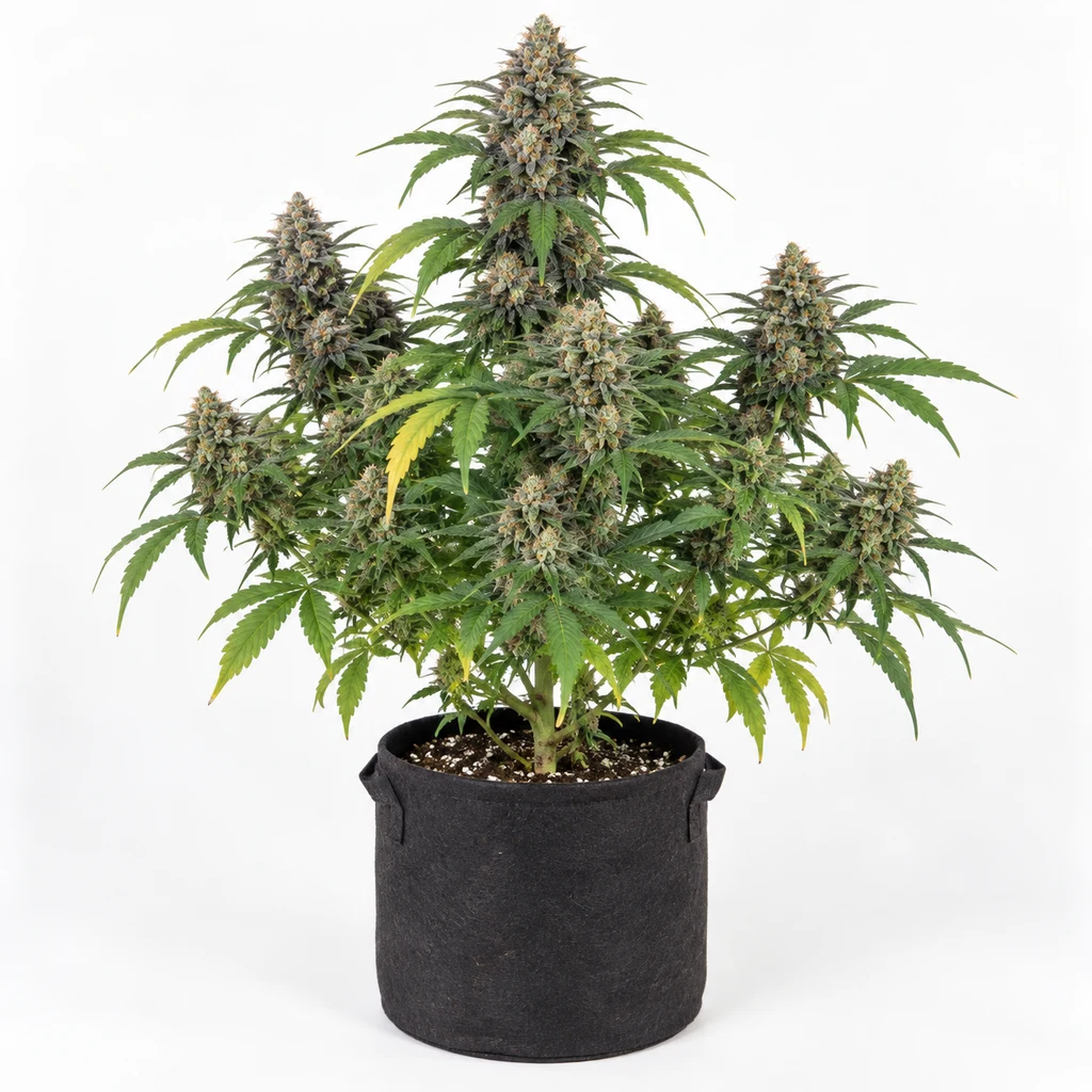 Ilustración de una planta de cannabis en floración para la ficha de Blue Cheese Auto, con cogollos densos y maceta negra.