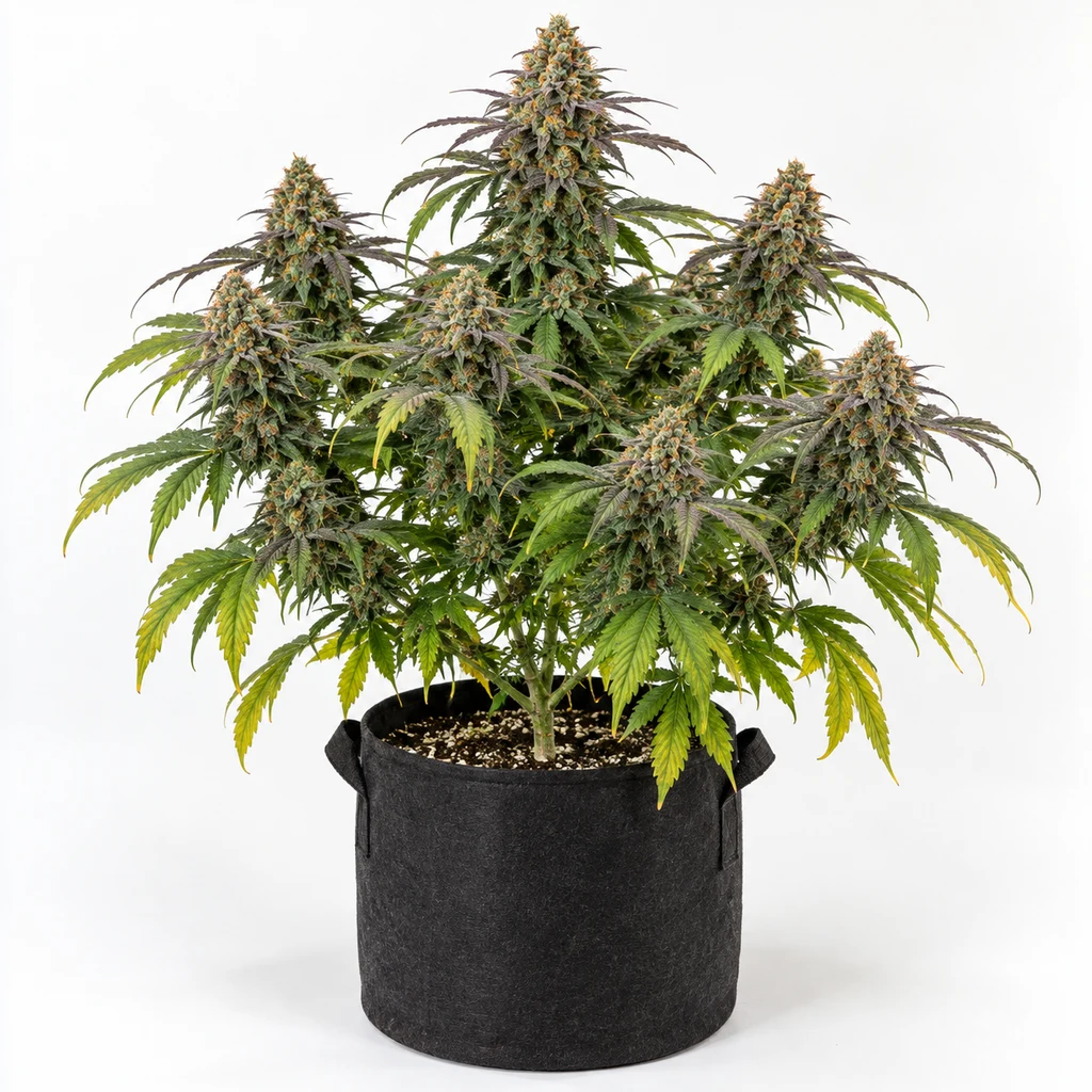 Ilustración de una planta en floración para la ficha de Candy Zour Regular, con cogollos abundantes y hojas verdes y amarillas en maceta negra.