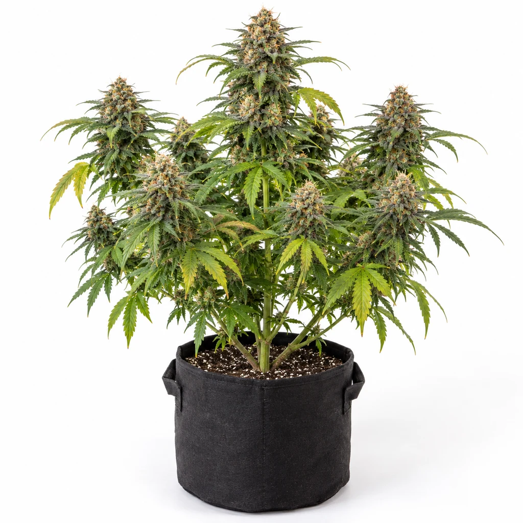Ilustración de una planta en floración para la ficha de Critical Mango, con varios cogollos y hojas verdes y amarillas en maceta negra.