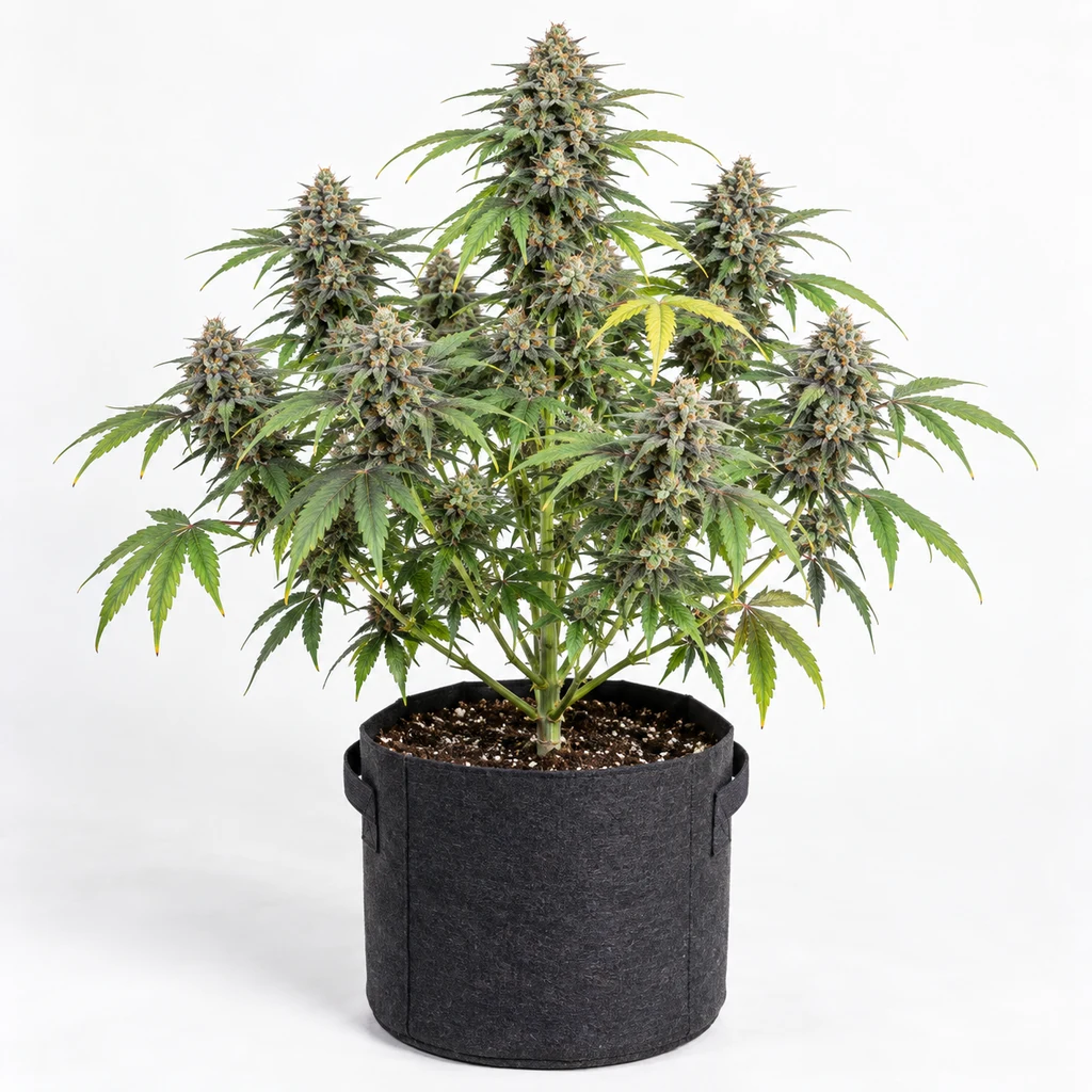Ilustración de una planta de cannabis en floración para la ficha de Glowstarz, con cogollos y hojas verdes en maceta textil negra.