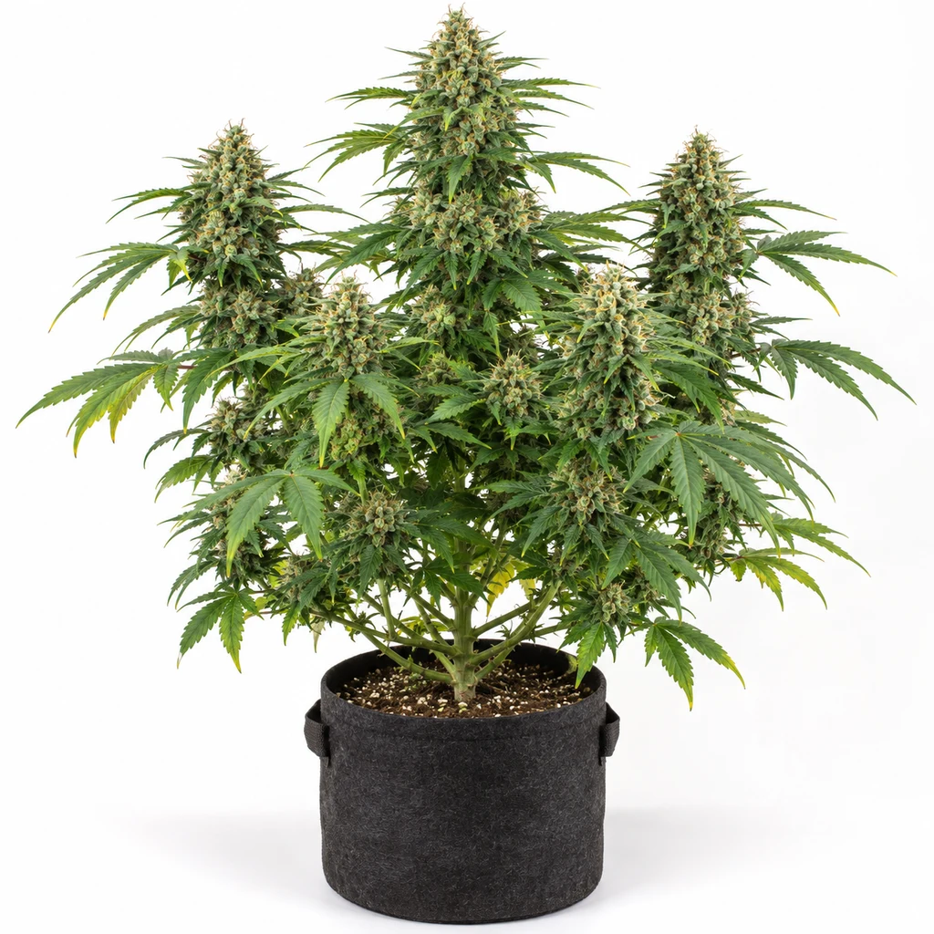 Ilustración de una planta de cannabis con varias colas floridas en maceta negra para la ficha de Auto Critical +2 XXL – BSF Seeds.