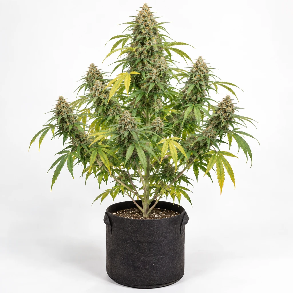 Ilustración de una planta de cannabis en floración en maceta textil negra para la ficha de Mango Haze Regular de Mr Nice Seeds.