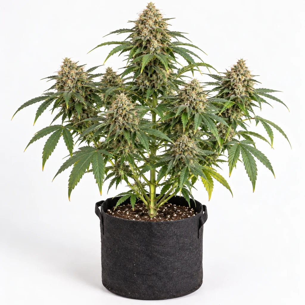 Ilustración de una planta de cannabis en floración en maceta negra, sobre fondo blanco, para la ficha de K2 Feminizada de Bulk Seeds.