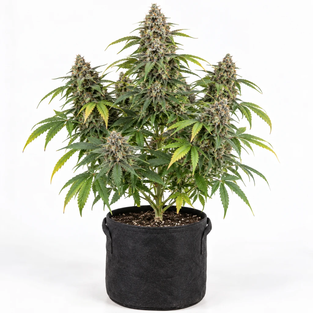 Ilustración de una planta de cannabis con flores alargadas y hojas verdes en maceta negra, para la ficha de Sticky Gorilla 4 Feminizada.