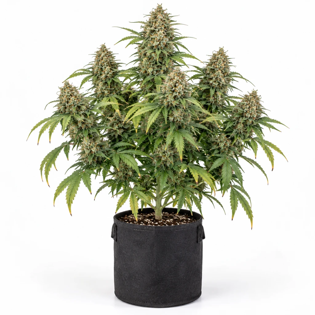 Ilustración de una planta con cogollos abundantes en maceta negra para la ficha de Critical Mass Fast Feminizada de Advanced Seeds.