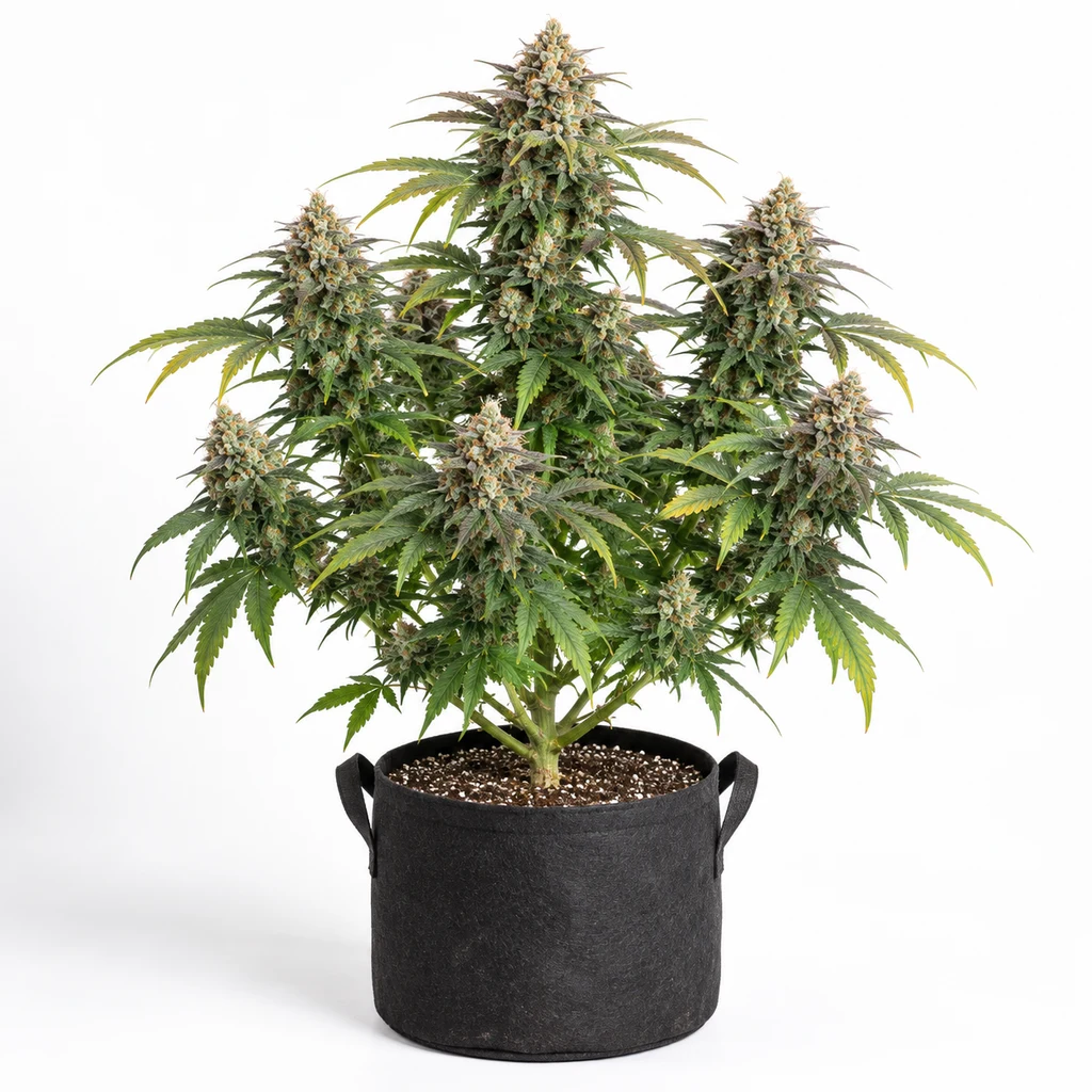 Ilustración de una planta de cannabis con flores alargadas y hojas verdes en maceta negra con asas para la ficha de Gelato-K Feminizada. Ilustración de una planta de cannabis con flores alargadas y hojas verdes en maceta negra con asas para la ficha de Gelato-K Feminizada.