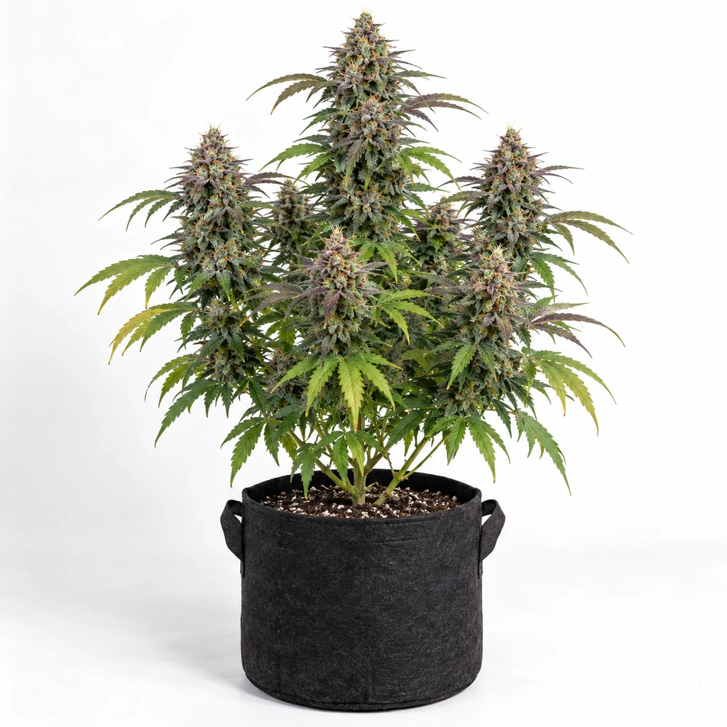 Ilustración de una planta de cannabis en floración en maceta negra para la ficha de Auto Strawberry Cheesecake, con cogollos y hojas verdes y moradas.