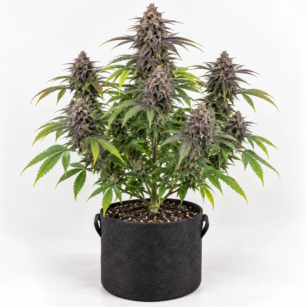 Ilustración de una planta con cogollos violáceos y hojas verdes en maceta negra para la ficha de Auto Banana Purple.
