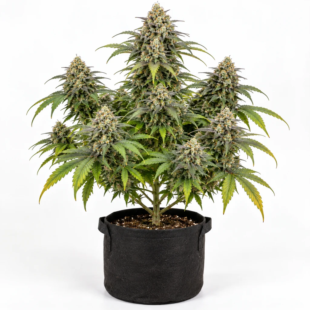 Ilustración de planta de cannabis en maceta textil, con varias colas florales, para la ficha de Alien Candy Kush Fast Feminizada.