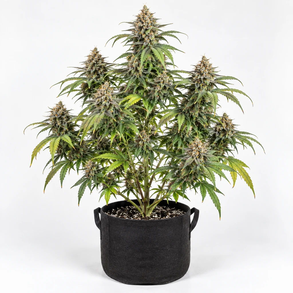 Ilustración de una planta de cannabis en floración en maceta negra para la ficha de Wedding Cake x Runtz, con cogollos y hojas verdes.