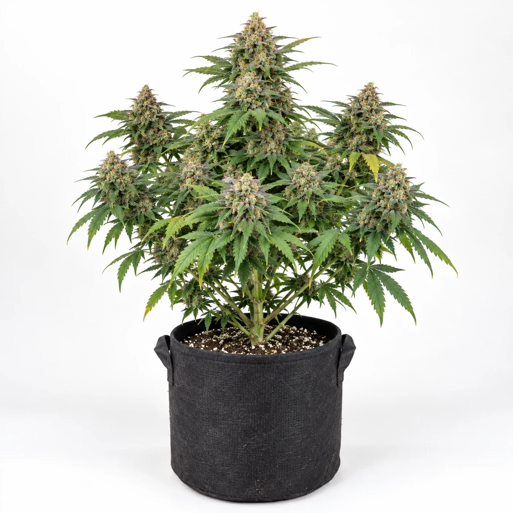 Ilustración de una planta de cannabis con varios cogollos y hojas serradas en maceta negra para la ficha de Fire Dog Autofloreciente.
