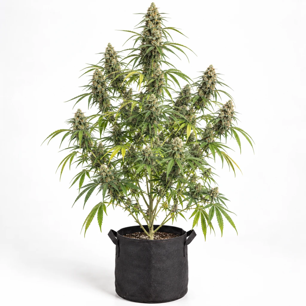 Ilustración de una planta de cannabis alta y ramificada, con flores alargadas en maceta negra, para la ficha de Congo Feminizada.