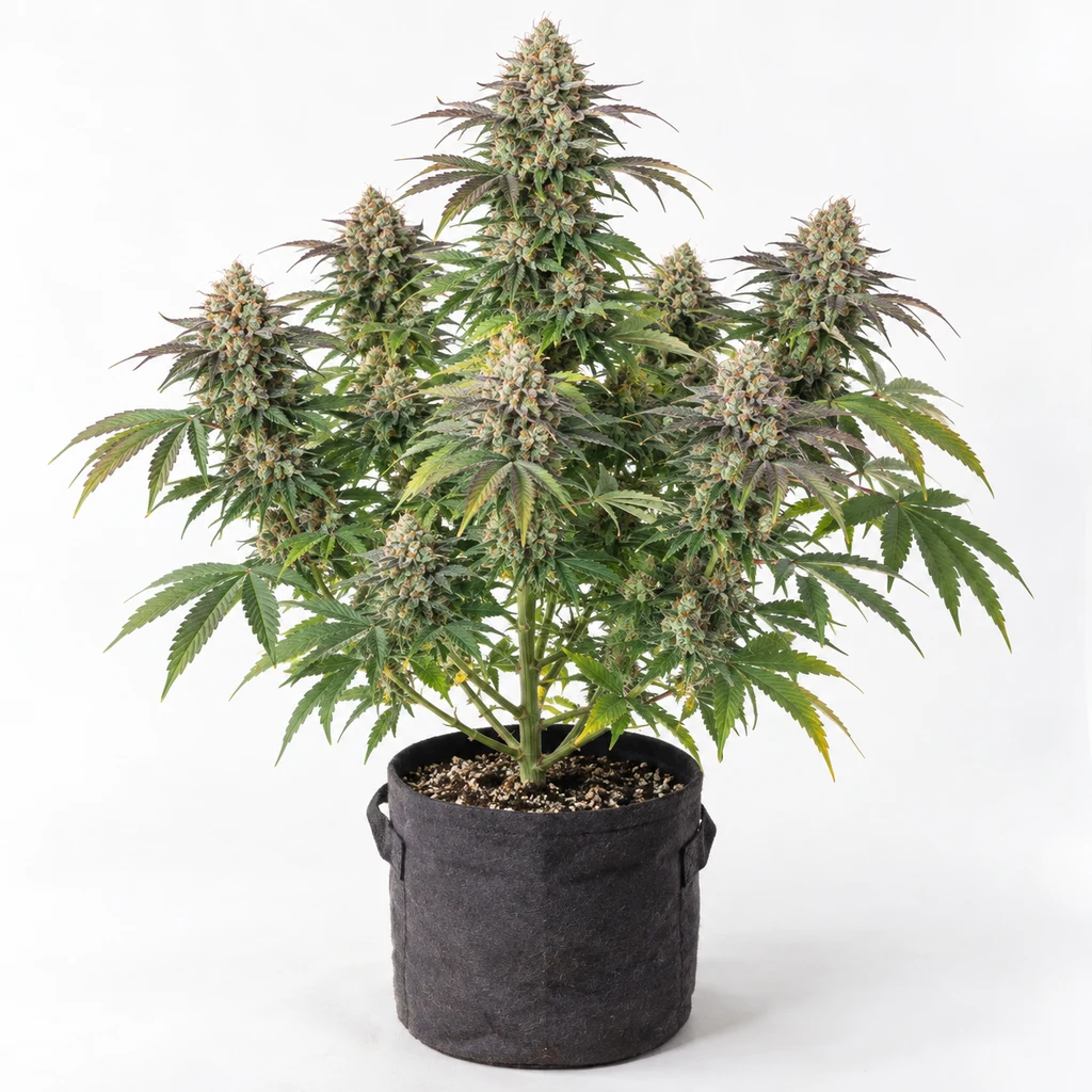 Ilustración de una planta de cannabis con varios cogollos en maceta de tela negra para la ficha de Guava Ice Cream Triploid.