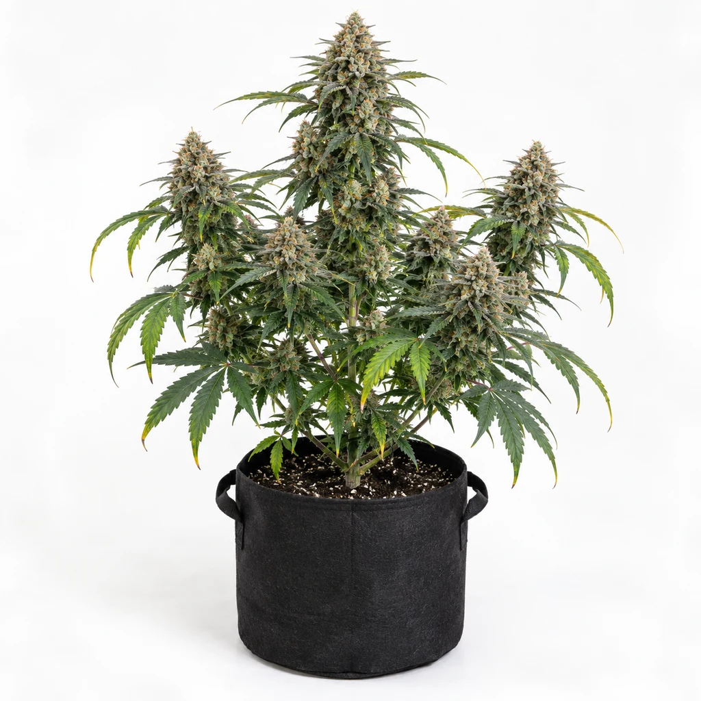 Ilustración de una planta de cannabis en floración en maceta negra con asas, para la ficha de Papaya Limez Feminizada.