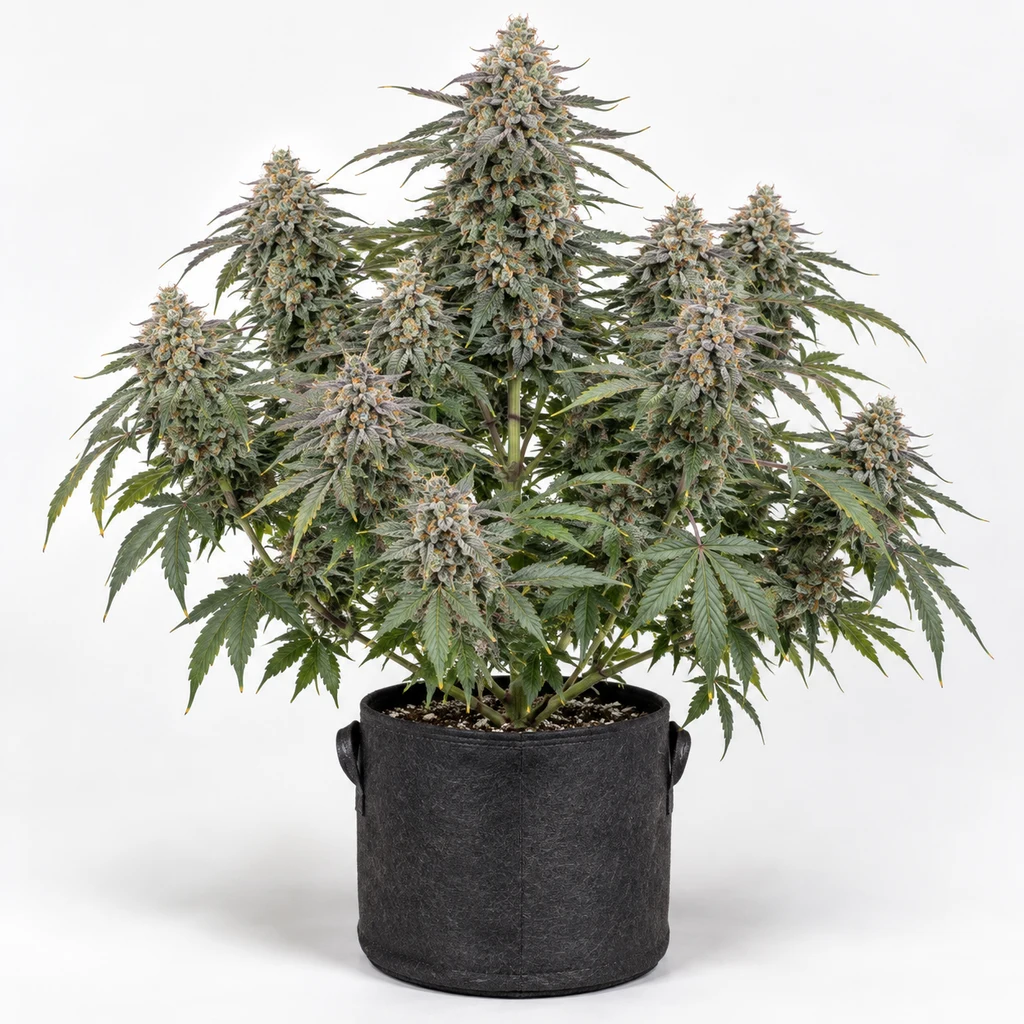 Ilustración de una planta en floración para la ficha de White Gushers 33 Feminizada, con numerosos cogollos y maceta negra sobre fondo blanco.